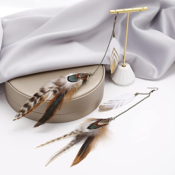 Handmade Boho Feather Earrings for Women - Lightweight & Colorful Dangle Design - Picture 2 of 5